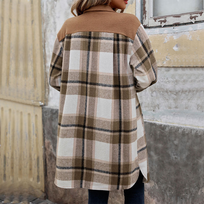 Classic Plaid Womens Long Winter Coat with Lapel Collar