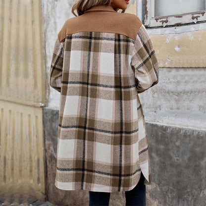 Classic Plaid Womens Long Winter Coat with Lapel Collar