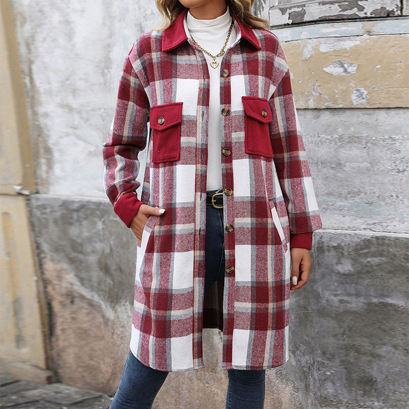 Classic Plaid Womens Long Winter Coat with Lapel Collar