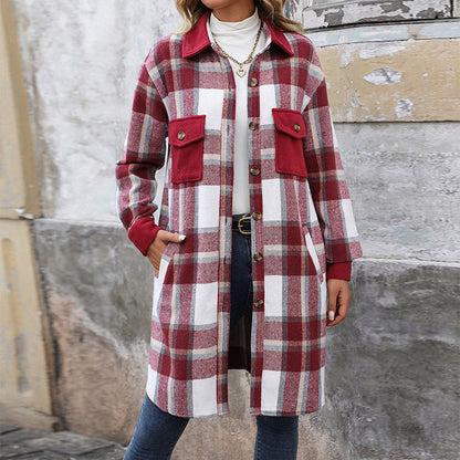 Classic Plaid Womens Long Winter Coat with Lapel Collar
