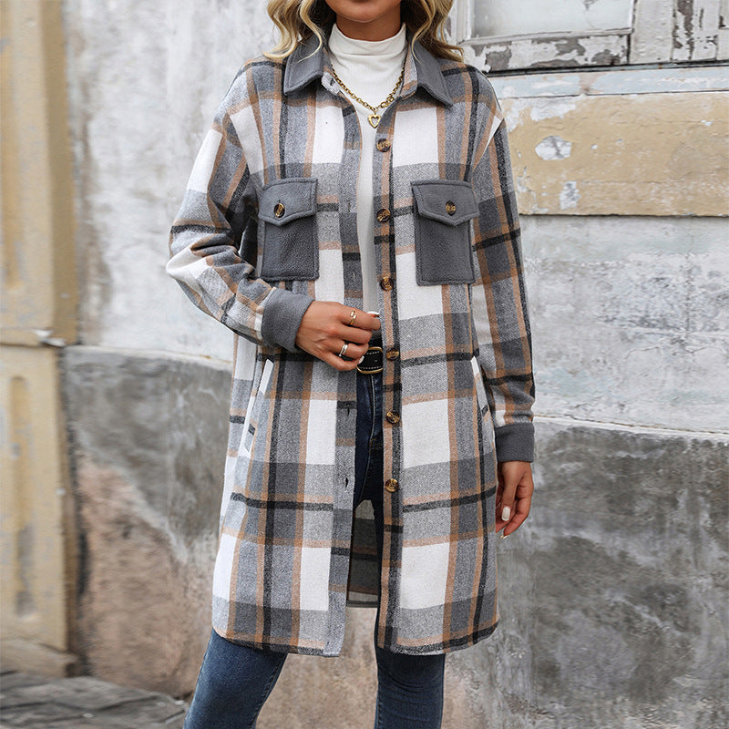 Classic Plaid Womens Long Winter Coat with Lapel Collar