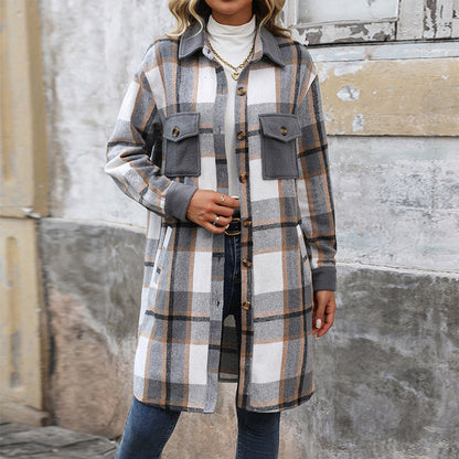 Classic Plaid Womens Long Winter Coat with Lapel Collar
