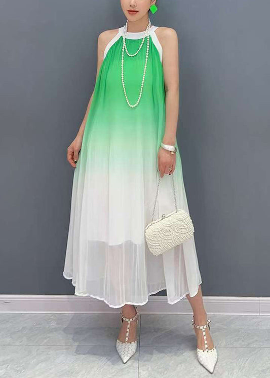 Women's Green Chiffon Maxi Dress Sleeveless Round Neck - OutfitLondon