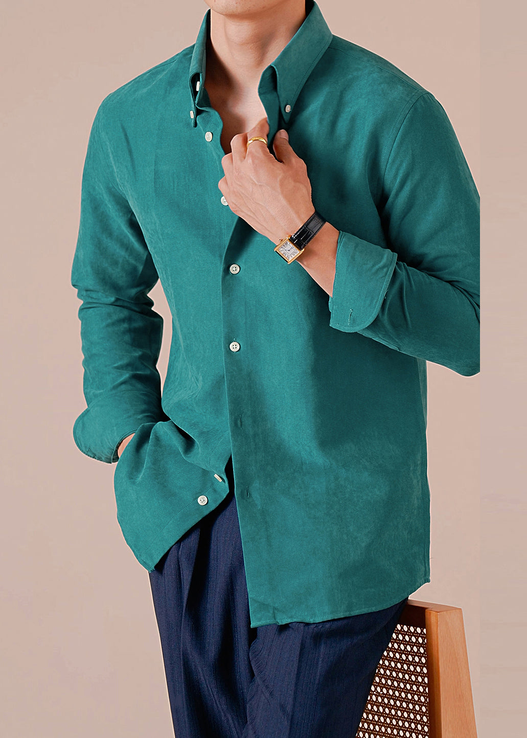 Mens Green Cotton Button Down Shirt Long Sleeves Easy Care - OutfitLondon