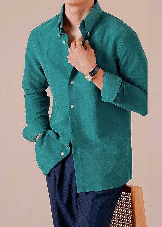 Mens Green Cotton Button Down Shirt Long Sleeves Easy Care - OutfitLondon