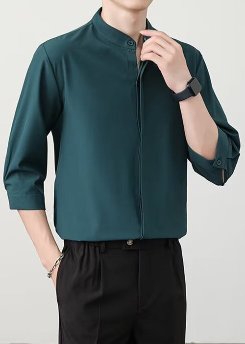 Men's Green Button-Down Shirt Ice Silk Relaxed Fit - OutfitLondon