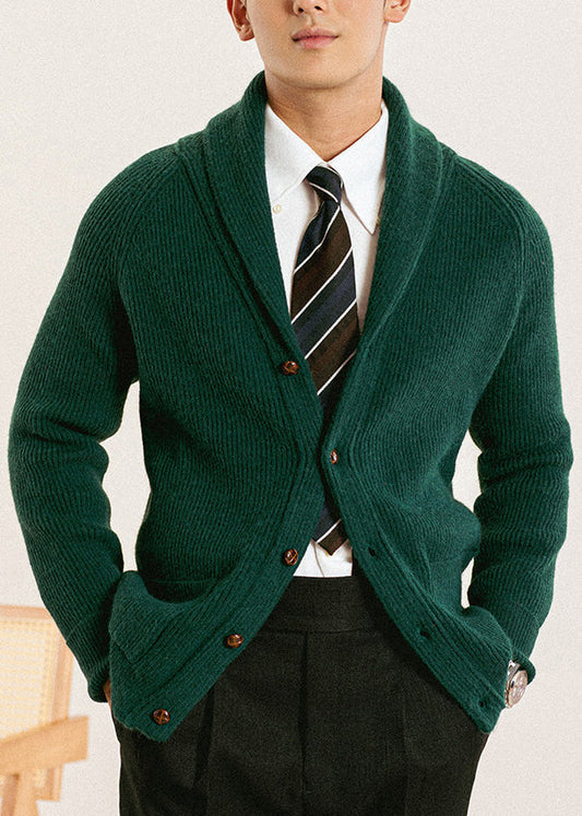 Mens Green Knit Cardigan Button Front Peter Pan Collar - OutfitLondon