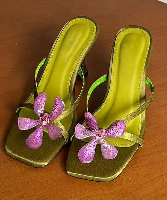 Women's Satin High Heel Sandals Green Floral - OutfitLondon