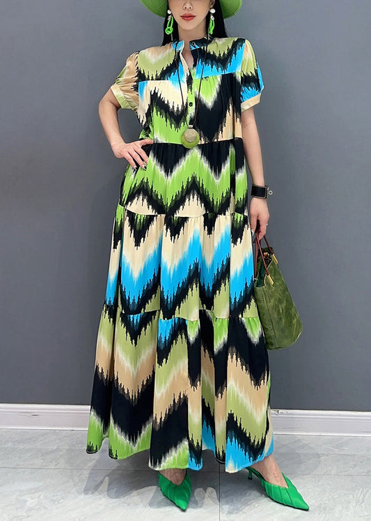 Women's Green Patchwork Maxi Dress Short Sleeve Breezy Cotton - OutfitLondon