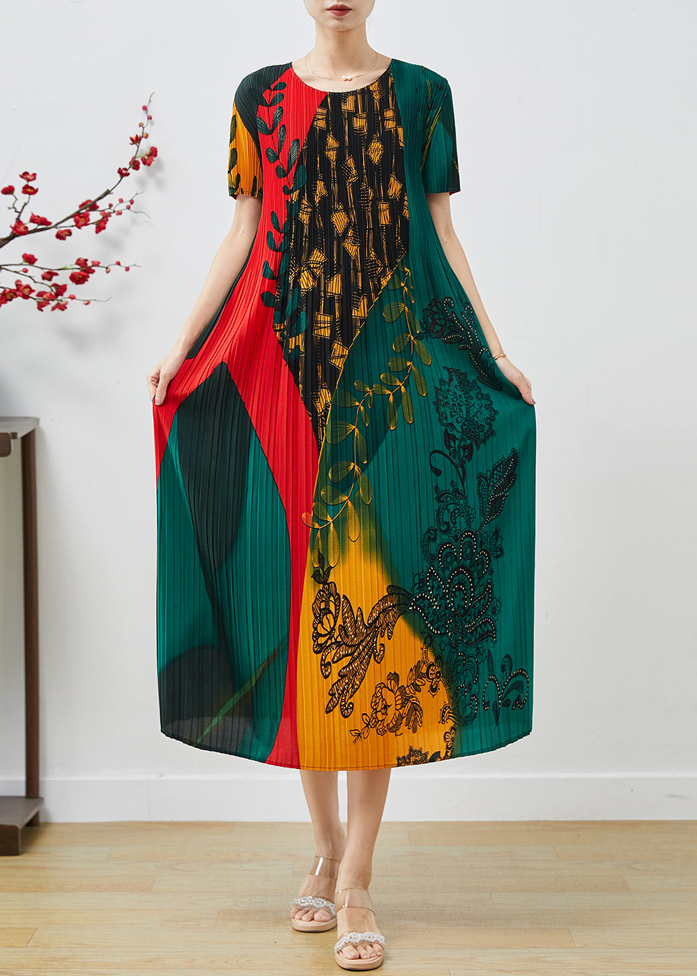 Women's Green Print Chiffon Vacation Dress Silk Breezy - OutfitLondon