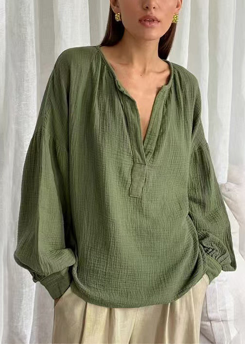 Women's Cotton V Neck Shirt Soft Green Plus Size - OutfitLondon