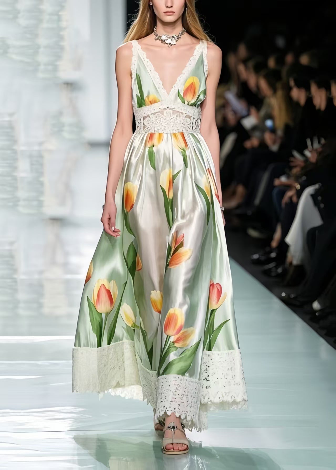 Women's Silk Blend Floral Sundress Green Lace - OutfitLondon