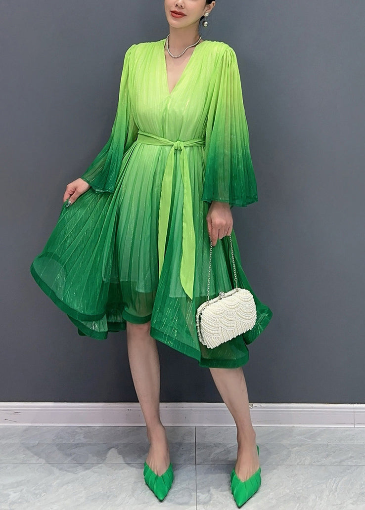 Women's Green Maxi Dress Tie Waist Flare Sleeves - OutfitLondon