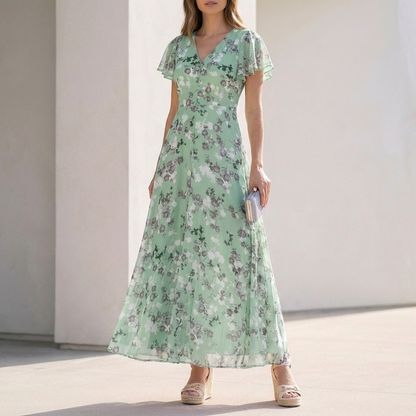 Floral V Neck Long Ruffled Maxi Dress