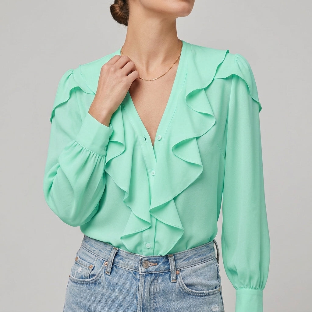 Soft Ruffle V Neck Long Sleeve Women's Blouse