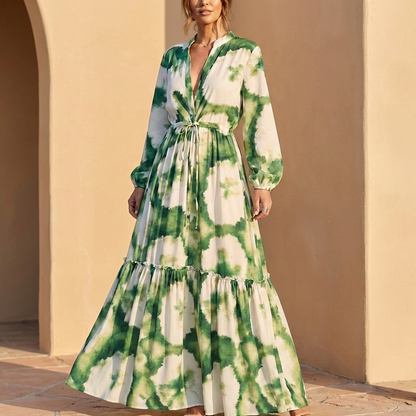 Elegant V Neck Maxi Dress with Drawstring Waist - OutfitLondon