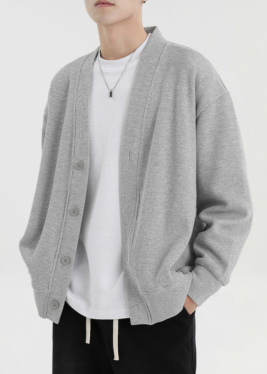 Men's Cotton Cardigan Gray Oversized V Neck - OutfitLondon