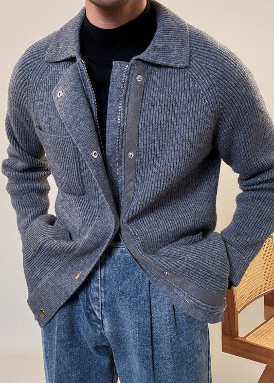 Men's Gray Cotton Knit Coat Zipper Button Pockets - OutfitLondon
