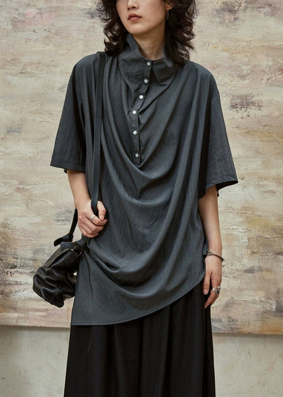 Women's Cotton Blouse Gray Button Front Plus Size - OutfitLondon