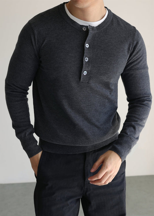 Men's Wool Blend Henley Sweater Button Placket Beige - OutfitLondon
