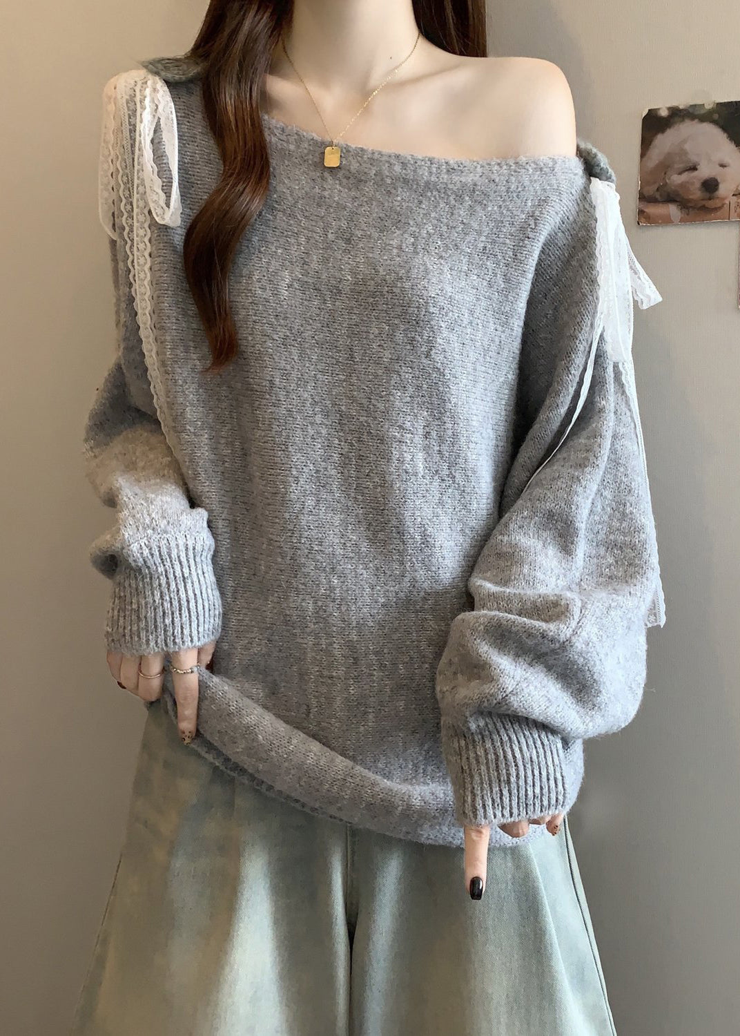 Women's Gray Knit Sweater Lace-Up Open-Knit Relaxed Fit - OutfitLondon