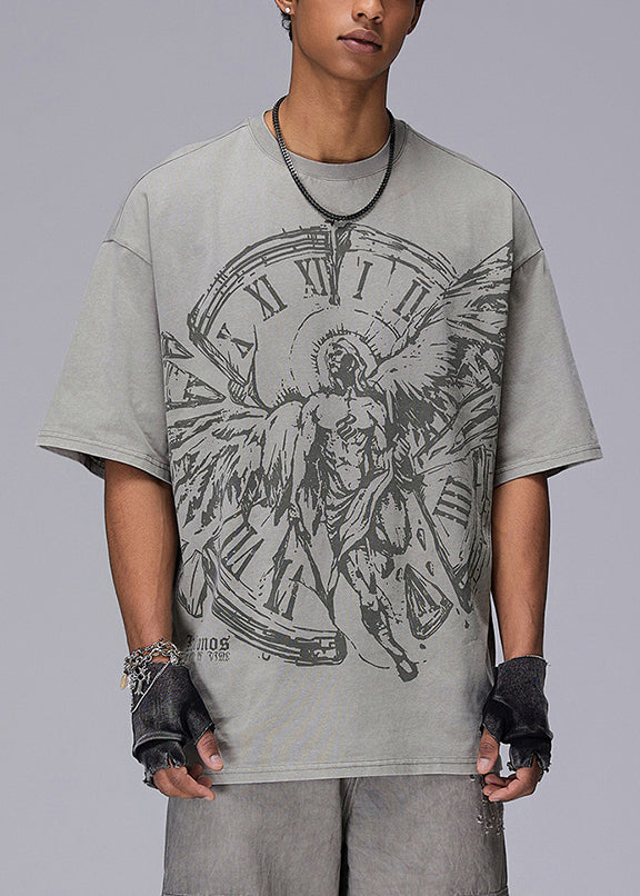 Mens Oversized Cotton T-Shirt Grey Letter Print - OutfitLondon