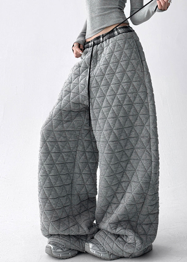 Women's Wide Leg Pants Cotton Elastic Waist Gray - OutfitLondon