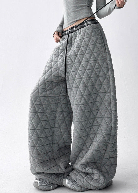 Women's Wide Leg Pants Cotton Elastic Waist Gray - OutfitLondon