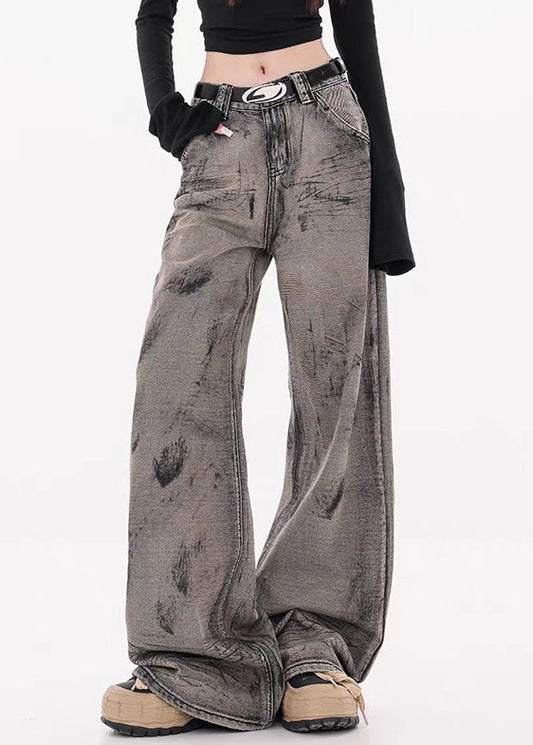 Women's High Waisted Gray Denim Pants Tie Dye - OutfitLondon