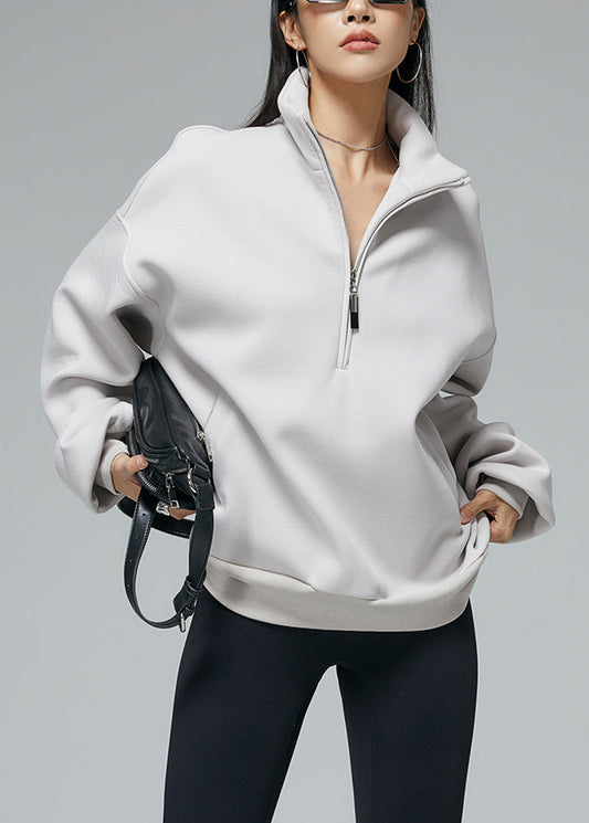 Women's Oversized Fleece Sweatshirt Gray Zip Pockets High Collar - OutfitLondon