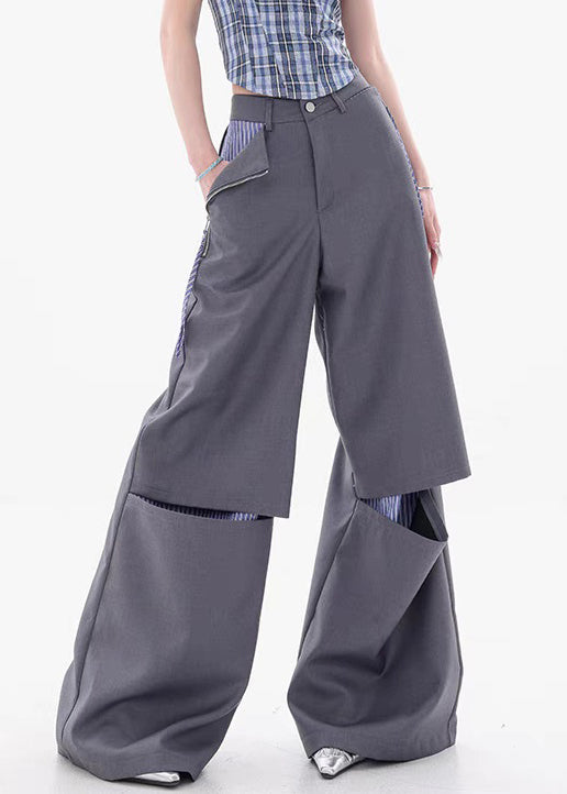Unisex Cotton Patchwork Pants Zipper Closure Grey Slim Fit - OutfitLondon