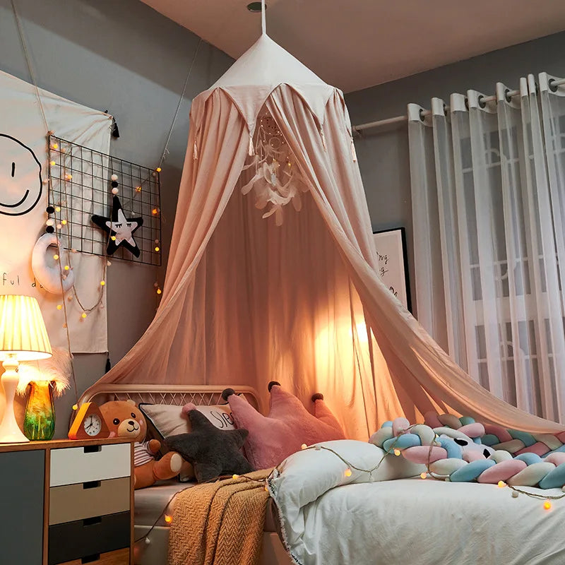Pretty Pink Bedroom Canopy With Fringe - OutfitLondon
