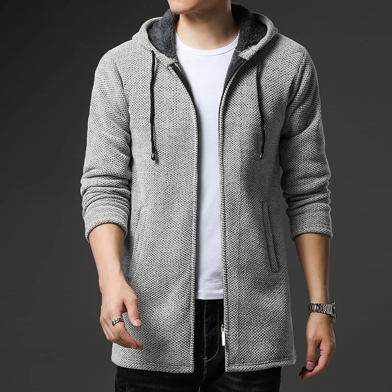 Men's Chenille Wool Jacket Zip Front Fleece Lined Hood