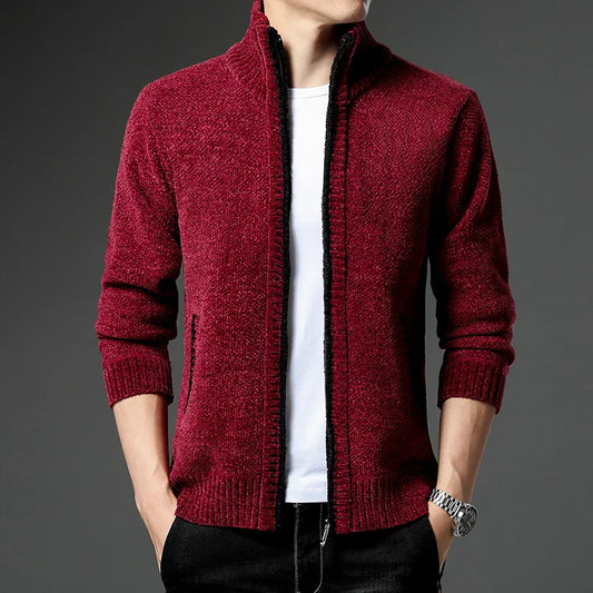 Men's Chenille Wool Jacket Zip Front Fleece Lined Hood - OutfitLondon