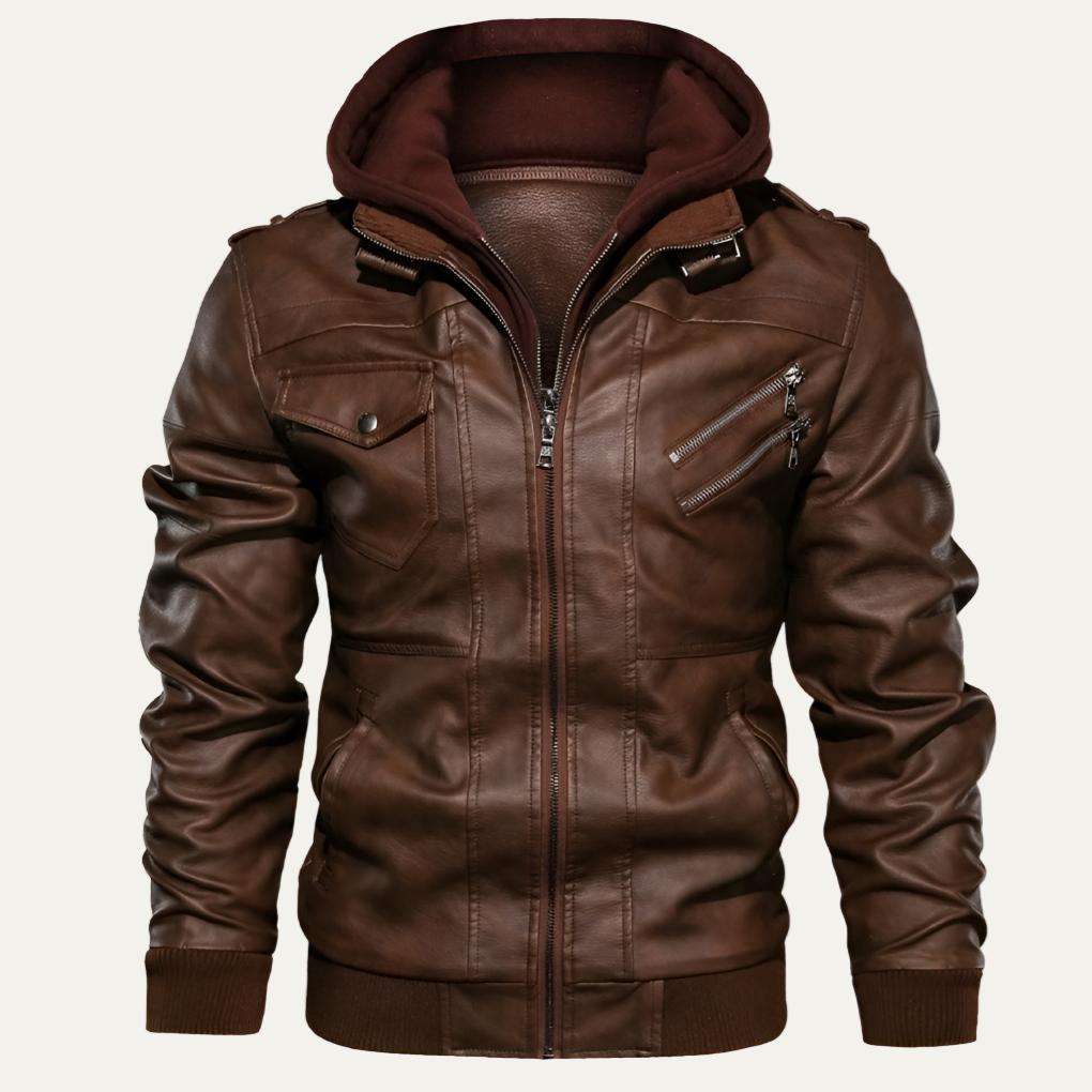 Men's Slim Fit Biker Leather Jacket with Removable Hood
