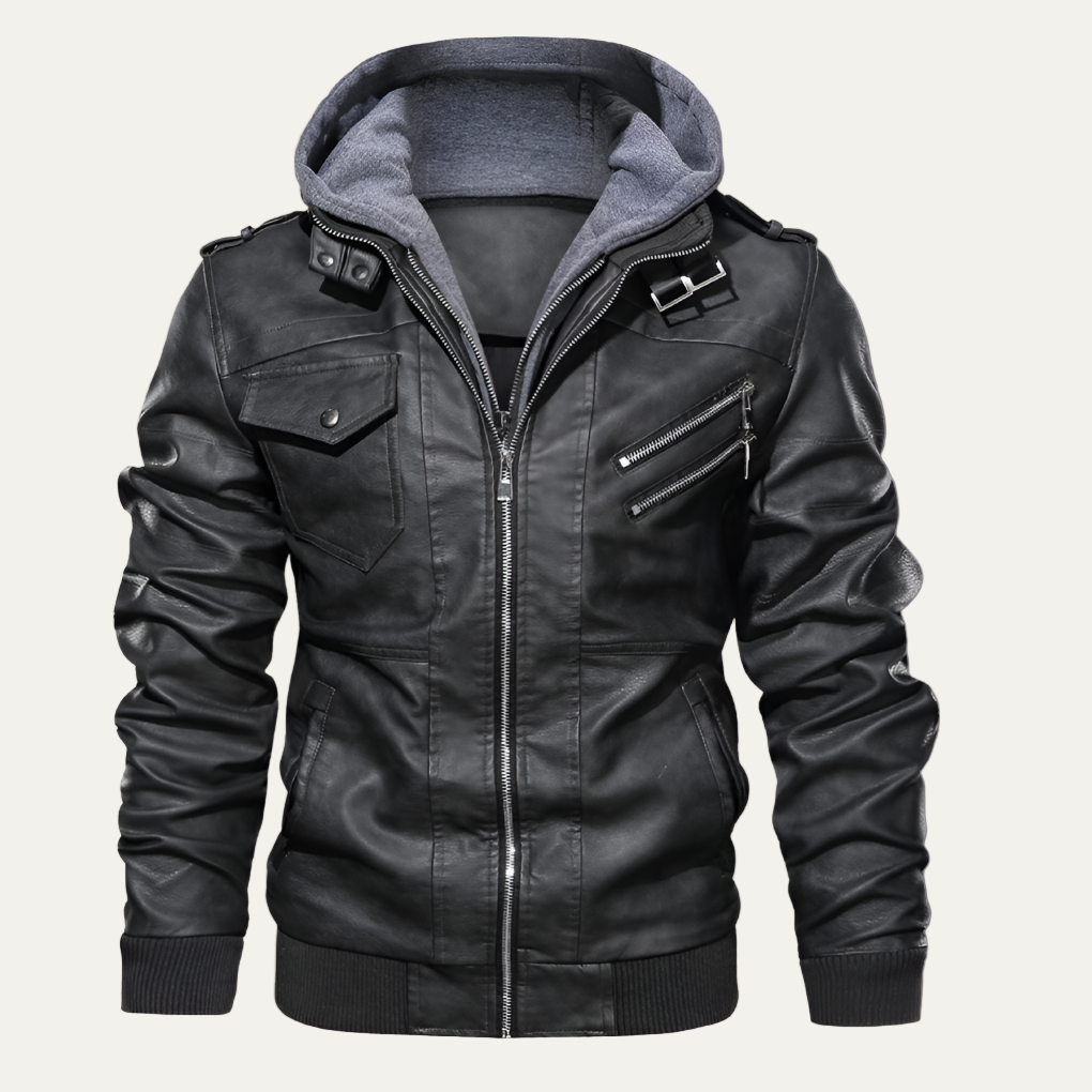 Men's Slim Fit Biker Leather Jacket with Removable Hood - OutfitLondon