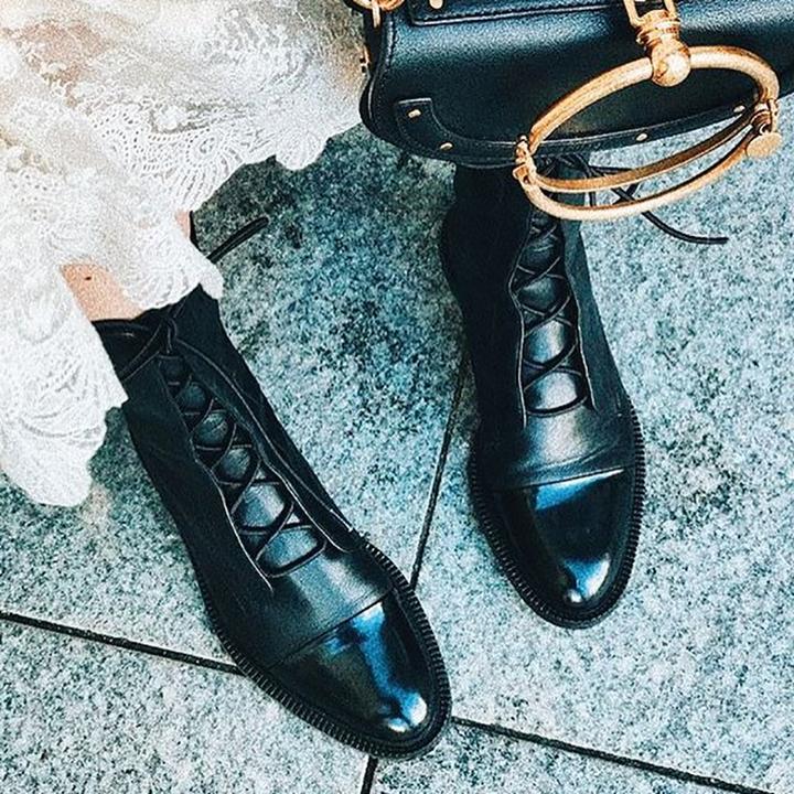 Women's Leather Ankle Boots Lace-Up Black