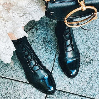 Women's Leather Ankle Boots Lace-Up Black
