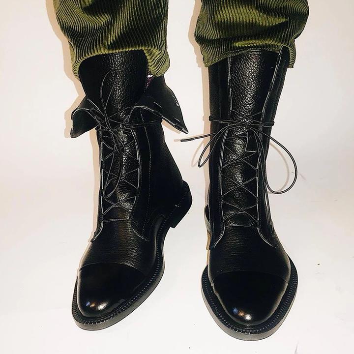 Women's Leather Ankle Boots Lace-Up Black