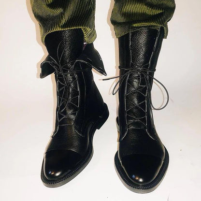 Women's Leather Ankle Boots Lace-Up Black