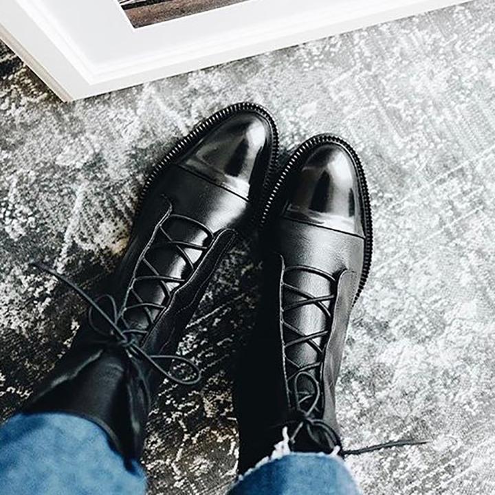 Women's Leather Ankle Boots Lace-Up Black