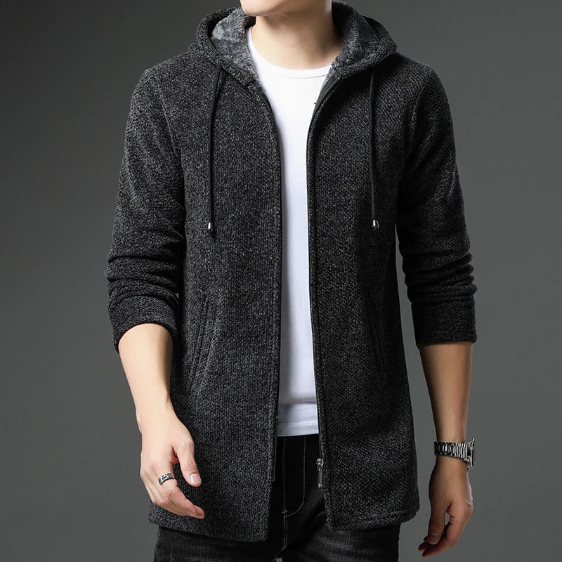 Men's Chenille Wool Jacket Zip Front Fleece Lined Hood
