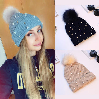 Fuzzy Knit Snow Pom Pom Beanie - OutfitLondon