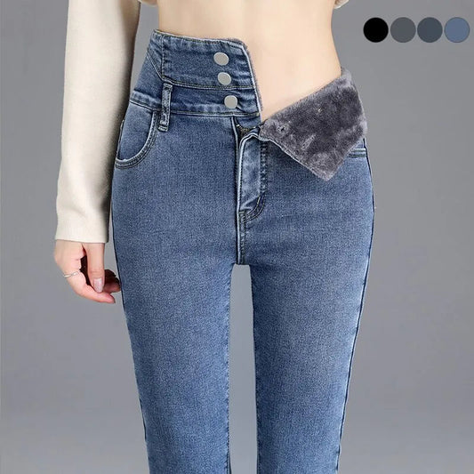 Soft High Waisted Ladies Velvet Lined Jeans - OutfitLondon