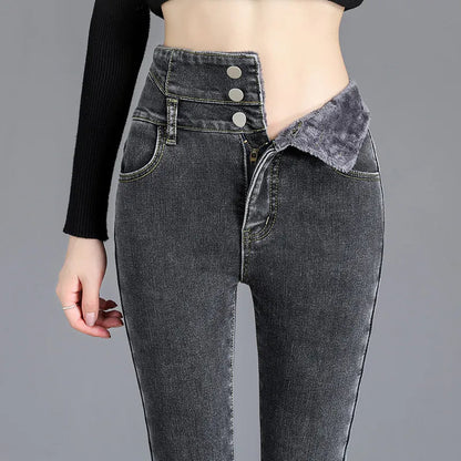 Soft High Waisted Ladies Velvet Lined Jeans