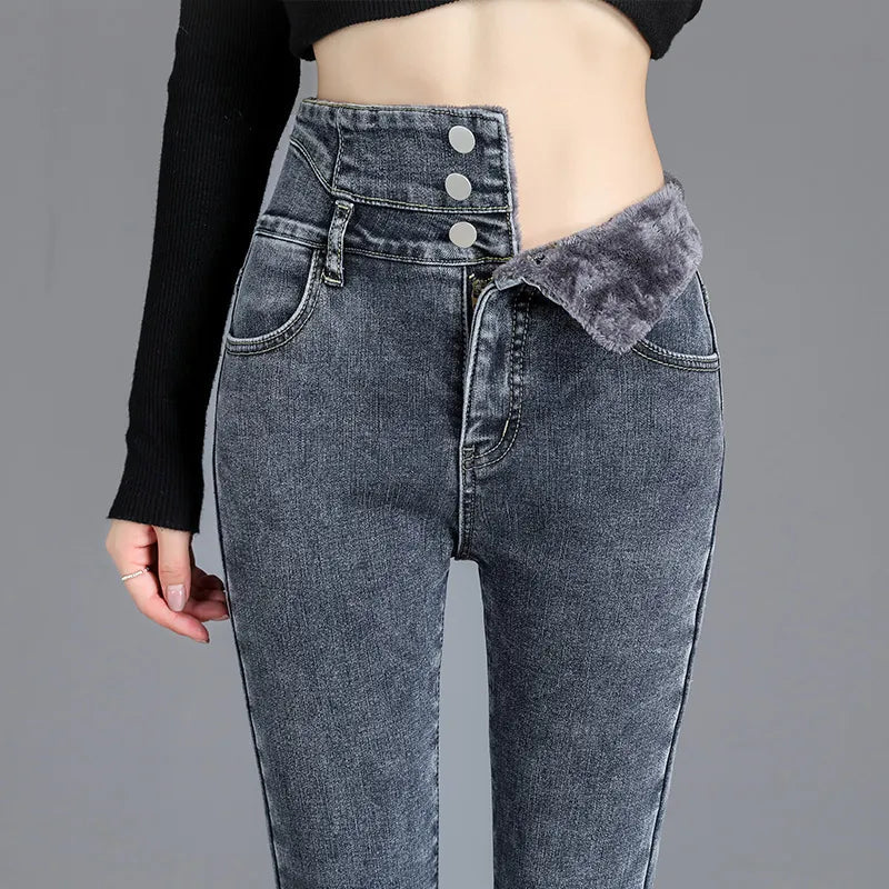 Soft High Waisted Ladies Velvet Lined Jeans