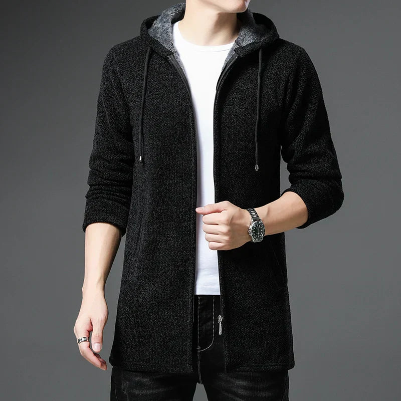 Men's Chenille Wool Jacket Zip Front Fleece Lined Hood