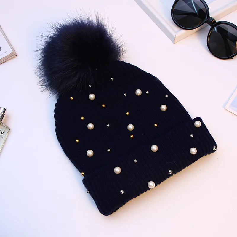 Fuzzy Knit Snow Pom Pom Beanie