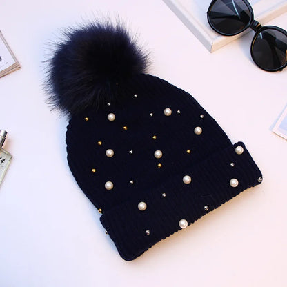 Fuzzy Knit Snow Pom Pom Beanie