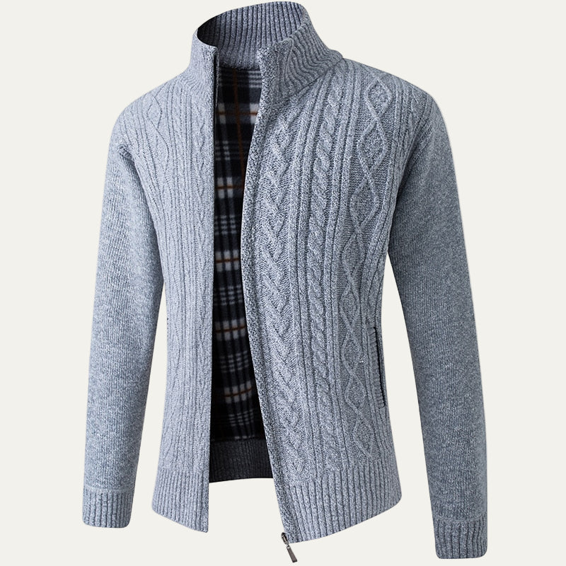 Men's Textured Crew Neck Zip Sweater Jacket